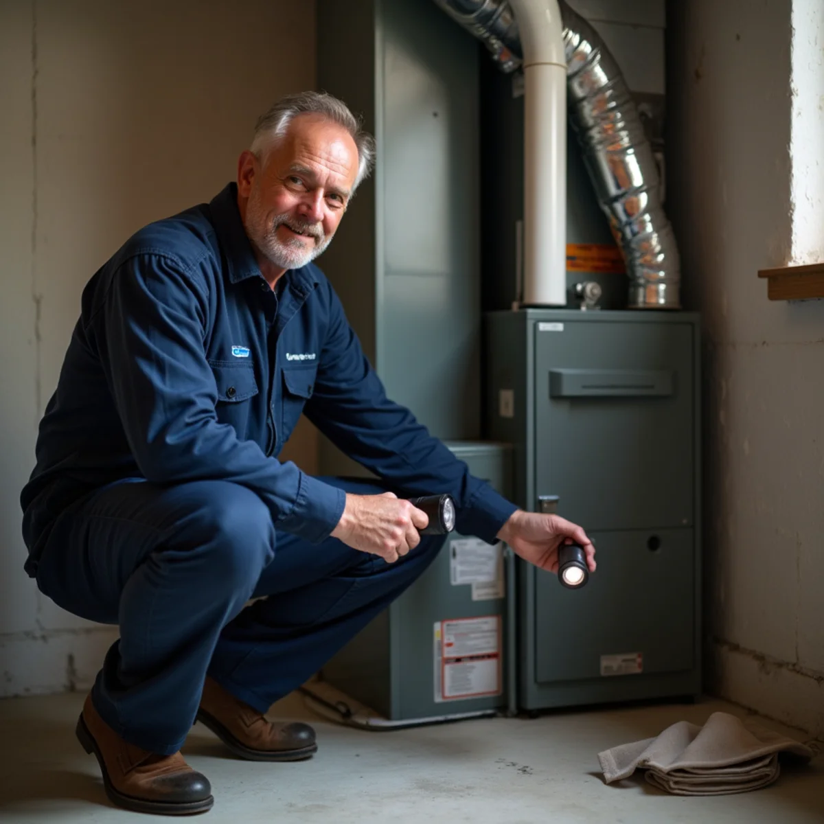 Owner of Comfort Air Solutions inspecting a new furnace installation in a Miamisburg, OH basement