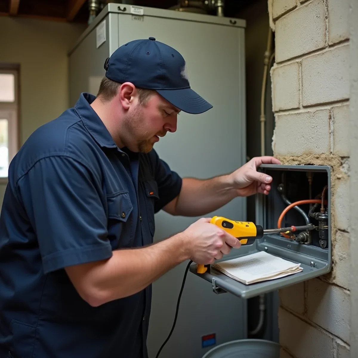 Technician searching an indoor AC evaporator coil for refrigerant leaks in a Kettering, OH basement