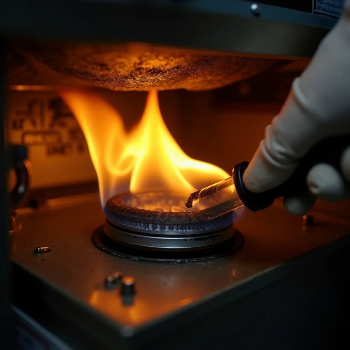 Lazy yellow furnace burner flame and soot signaling carbon monoxide risk in a Miamisburg home