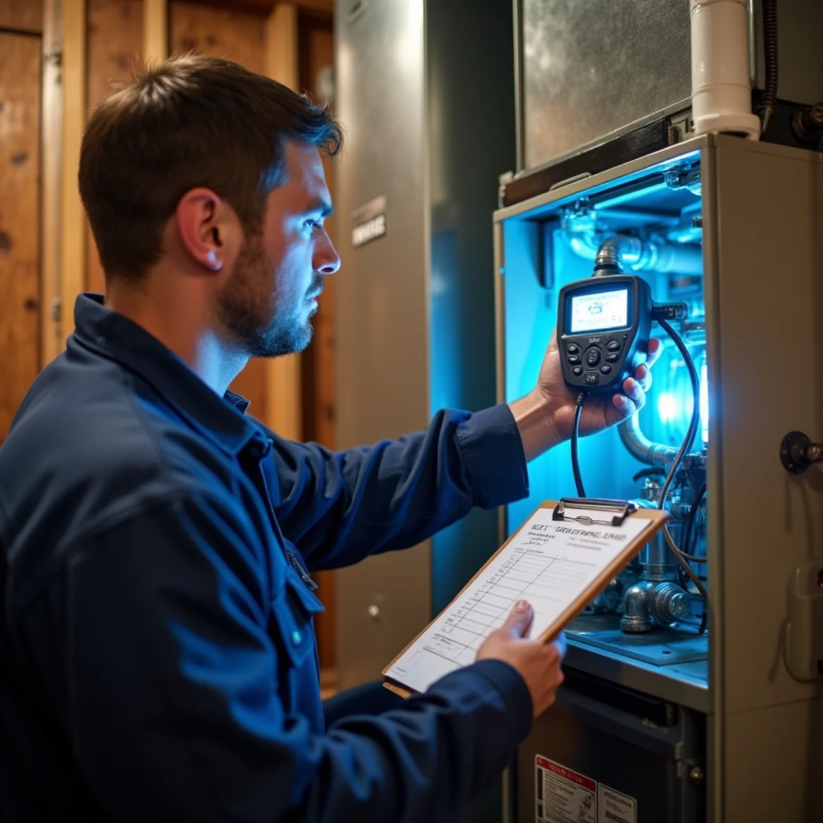 HVAC technician performing a seasonal furnace tune-up with a combustion analyzer in Miamisburg, OH