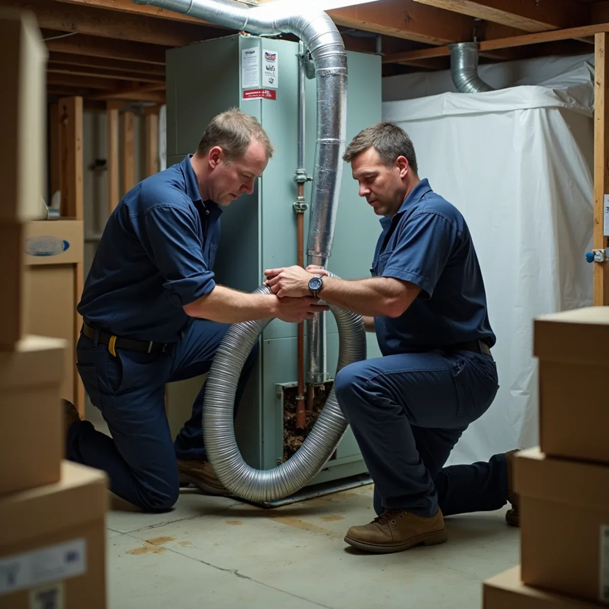 Air duct cleaning crew connecting a negative-air vacuum hose to a trunk line in West Carrollton