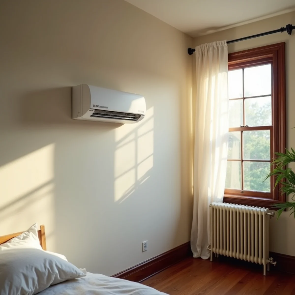 White ductless mini-split head mounted on a plaster bedroom wall in a Dayton-area older home