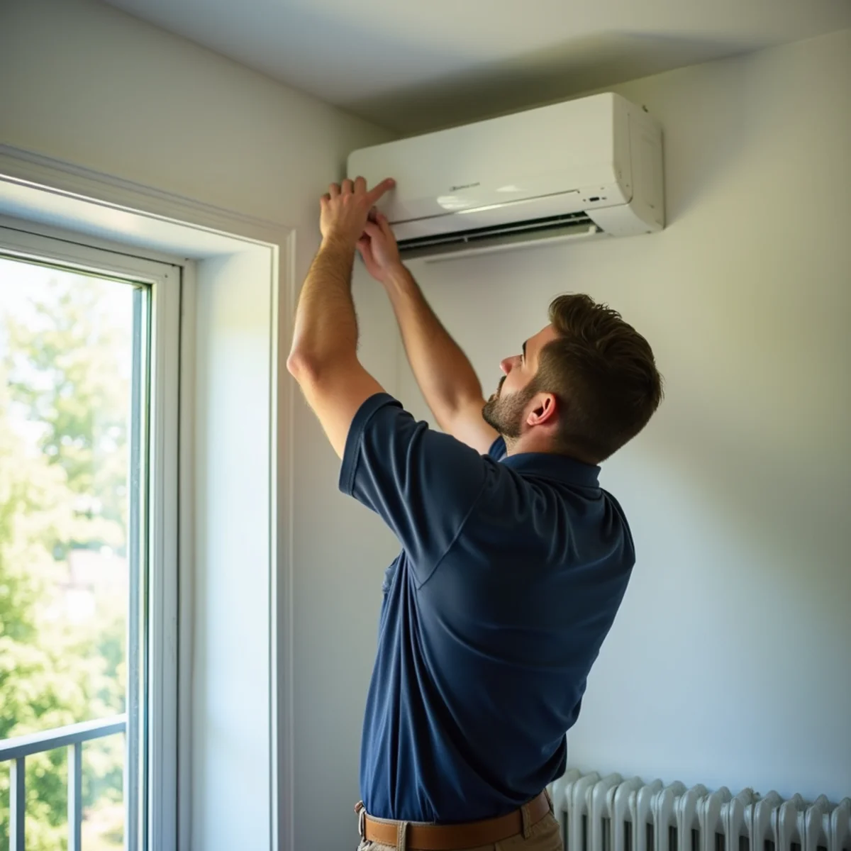 Wall-mounted ductless mini-split head installed in a sunroom of an older home near Dayton, OH