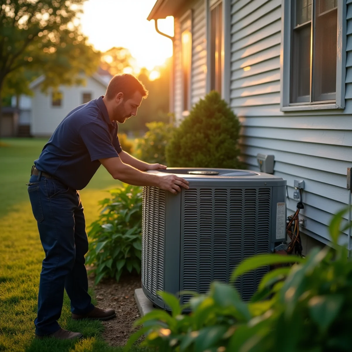 Technician replacing an AC condenser fan motor on a hot evening in a Centerville, OH yard
