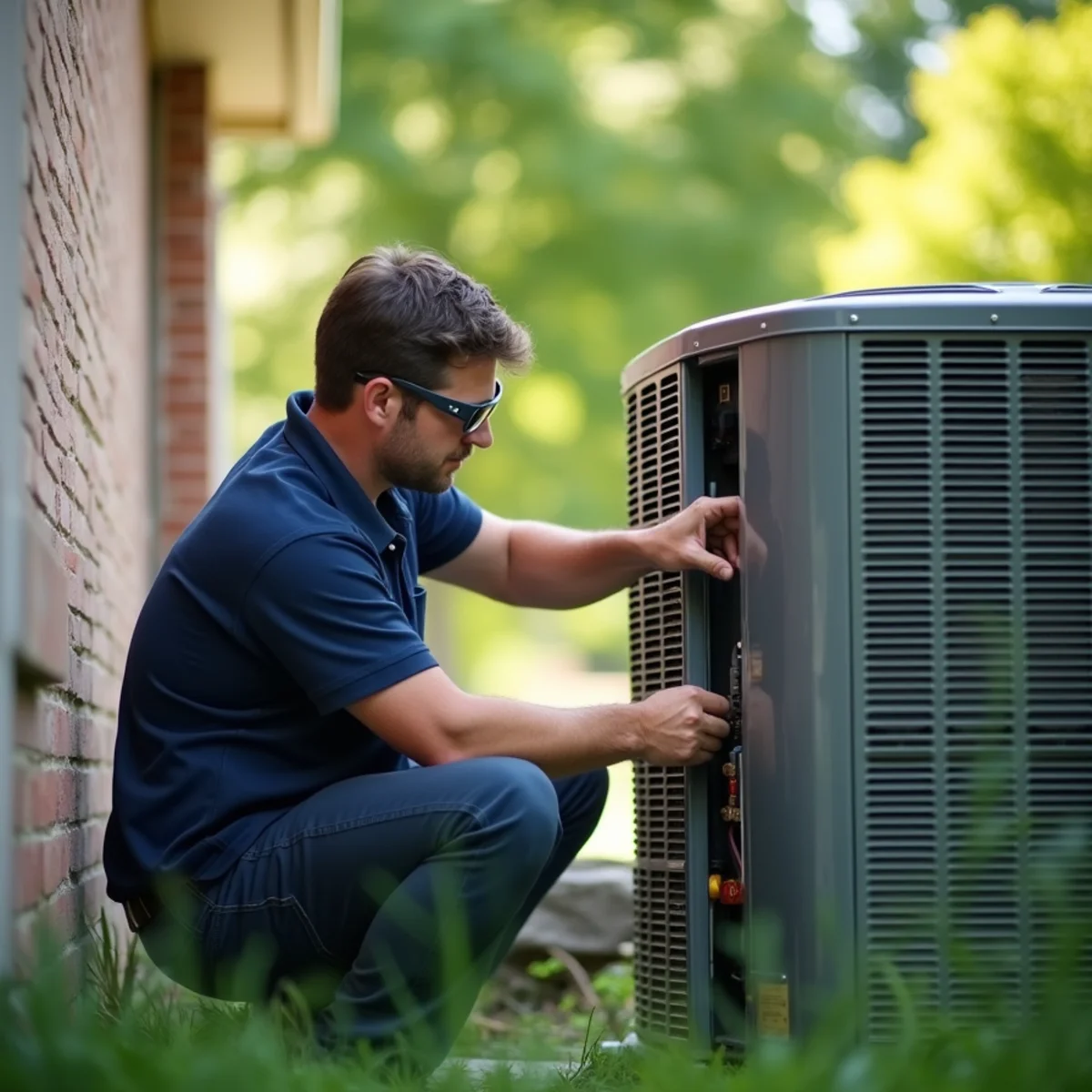 Technician replacing a run capacitor on an outdoor AC condenser beside a brick ranch home in Miamisburg, OH