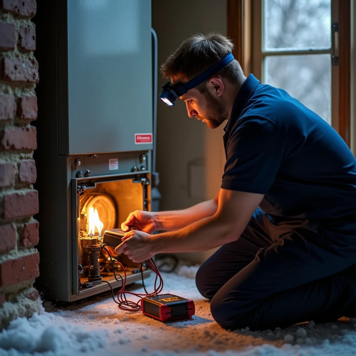 Technician testing a furnace flame sensor with a multimeter during a no-heat emergency call in Miamisburg, OH