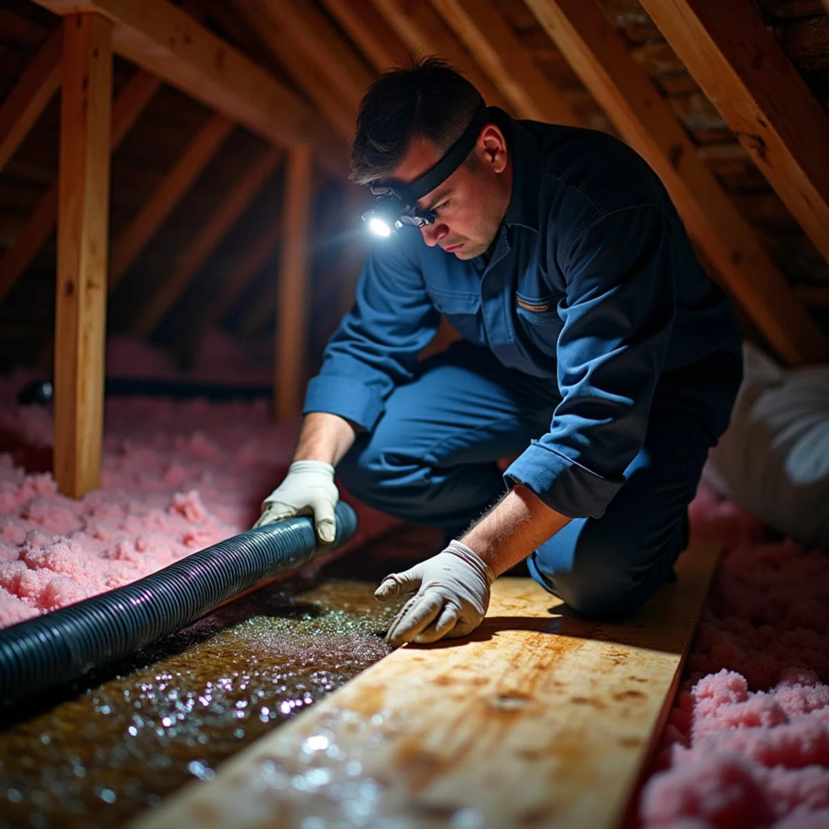 Emergency HVAC technician clearing an overflowing attic air handler drain pan in a Dayton-area home