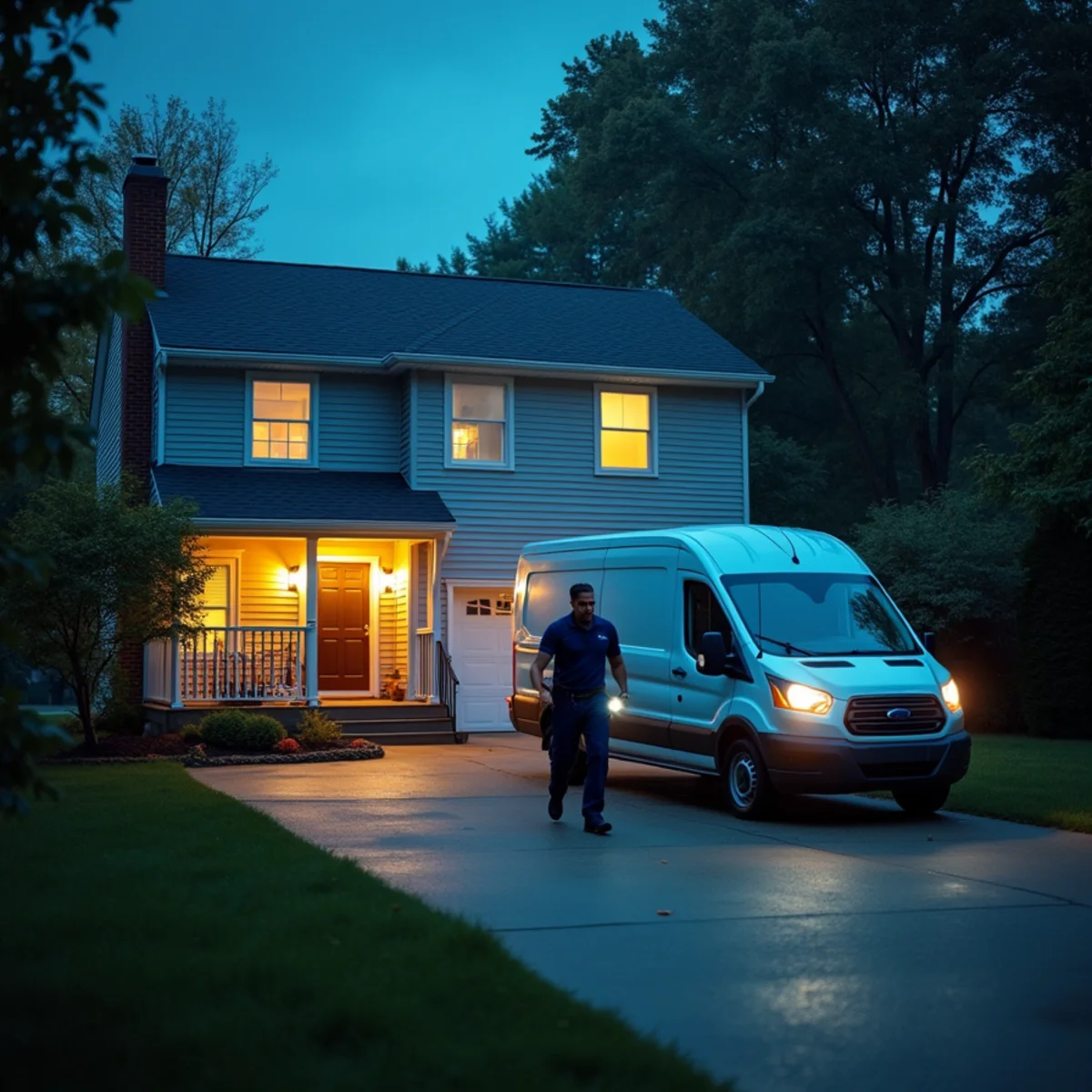 Comfort Air Solutions service van parked at night outside a two-story home in Miamisburg, OH during an emergency HVAC call