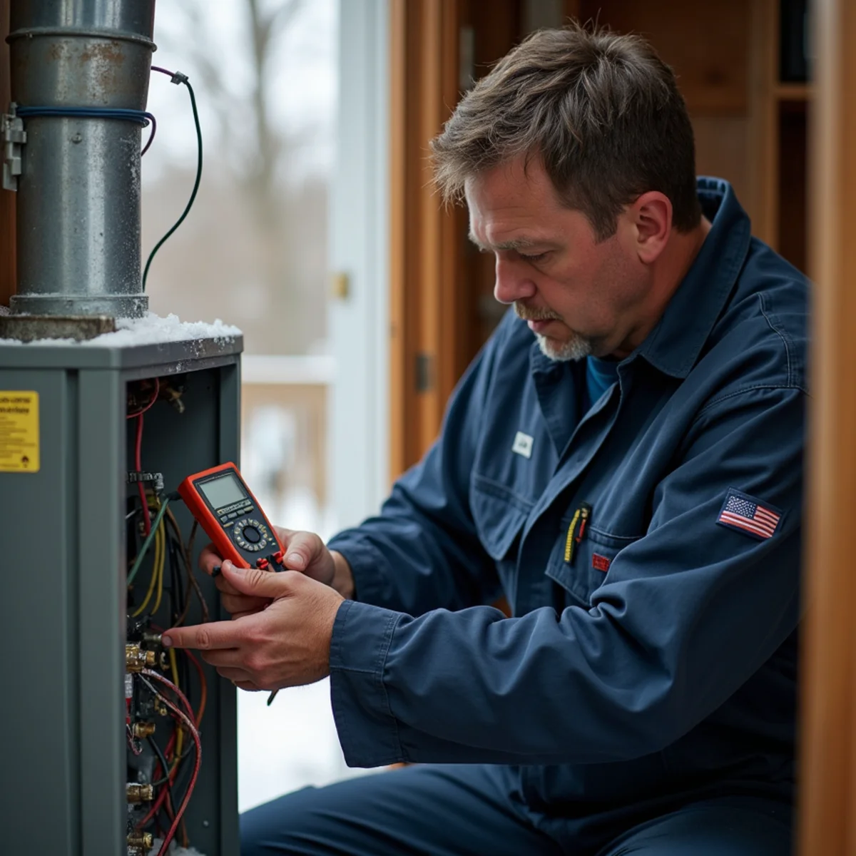 Technician checking heat pump backup heat strips at an air handler in a Miamisburg, OH home