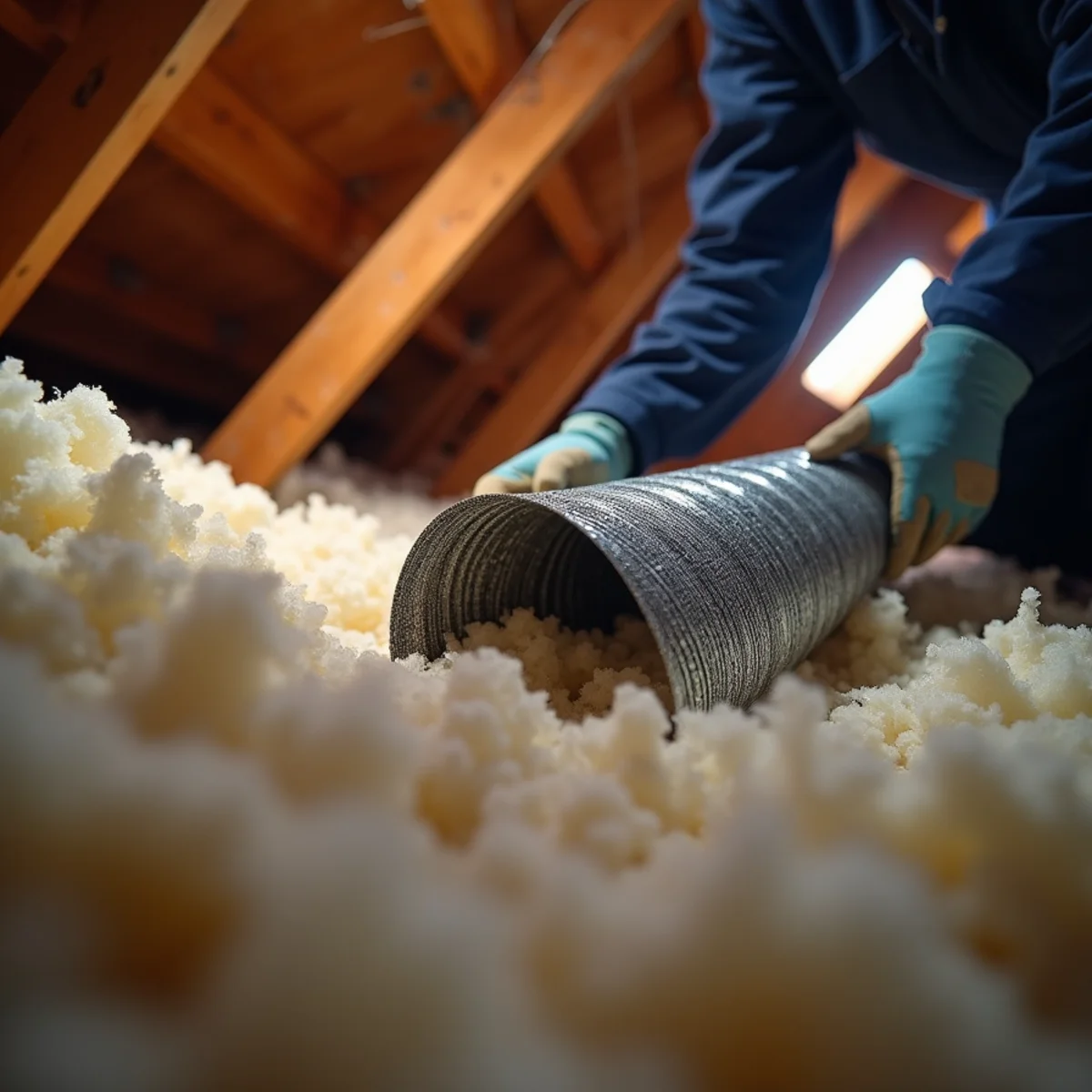 Crushed flex duct run found during an attic HVAC inspection in a Dayton-area home