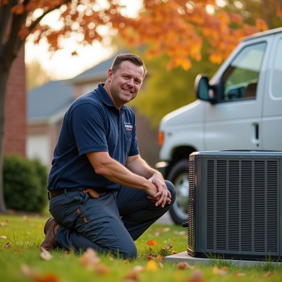 HVAC contractor inspecting a furnace and outdoor AC unit at a brick home in Miamisburg, OH