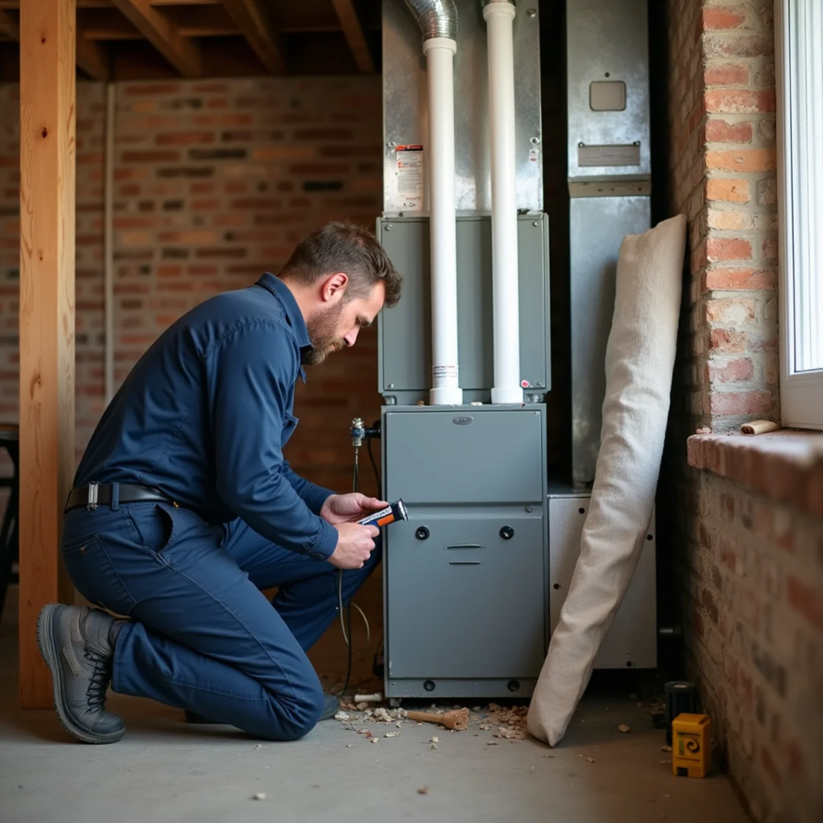 Installer fitting PVC vent pipe on a new high-efficiency furnace in a Miamisburg, OH basement
