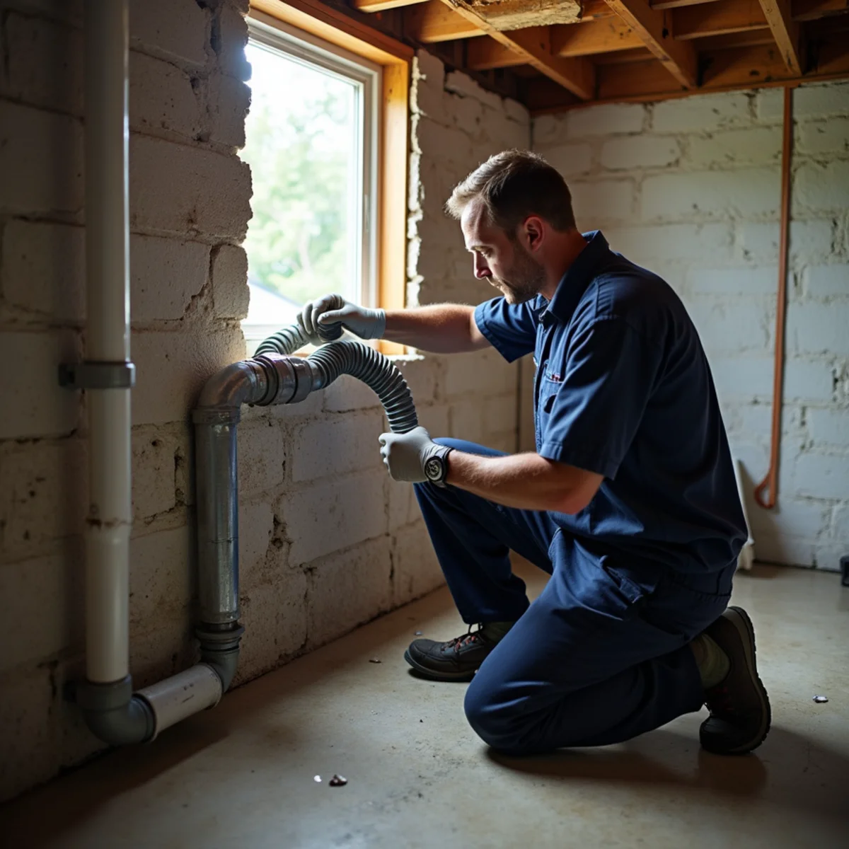 Technician installing a whole-home dehumidifier in a damp basement near Miamisburg, OH