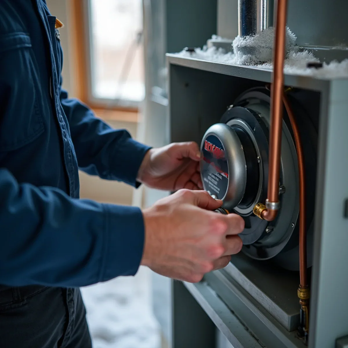 Furnace-mounted bypass humidifier with water line for dry winter air in a Beavercreek home