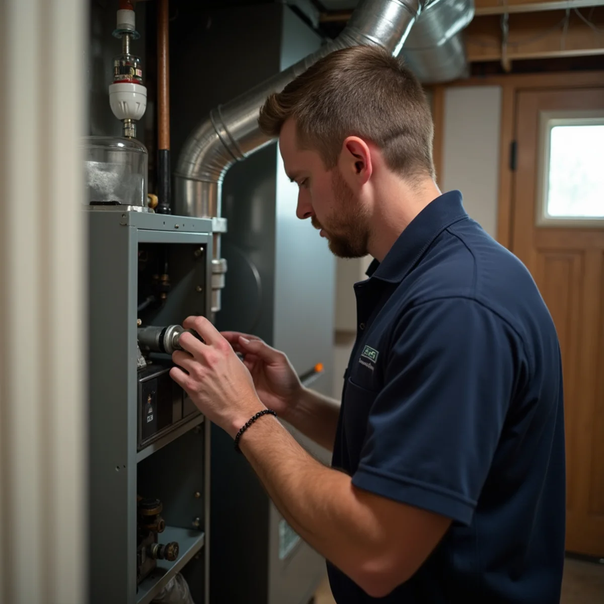 Technician installing a UV air purifier and media filter cabinet on a furnace in a Miamisburg, OH basement