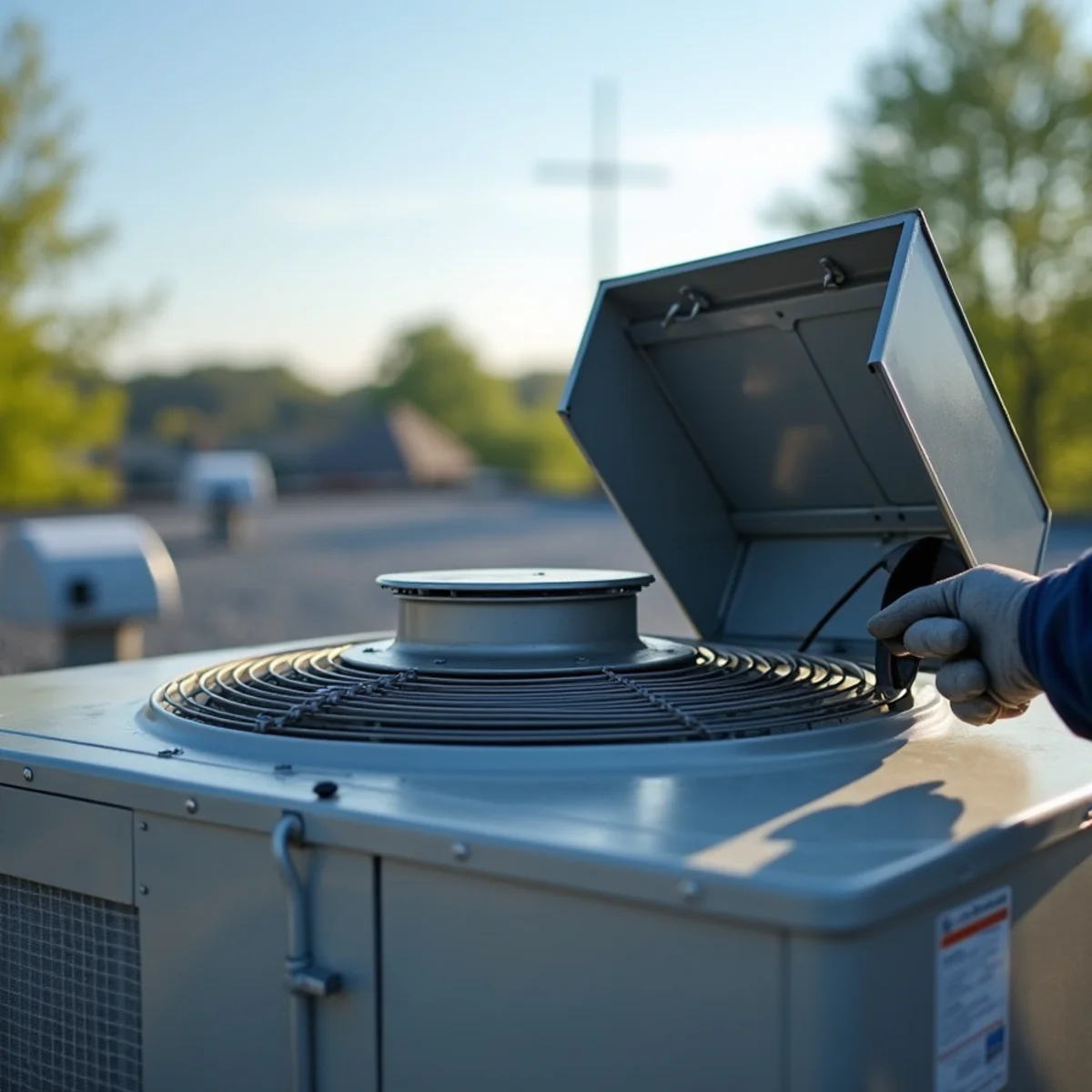 Economizer damper actuator on a rooftop HVAC unit serving a Dayton-area commercial building