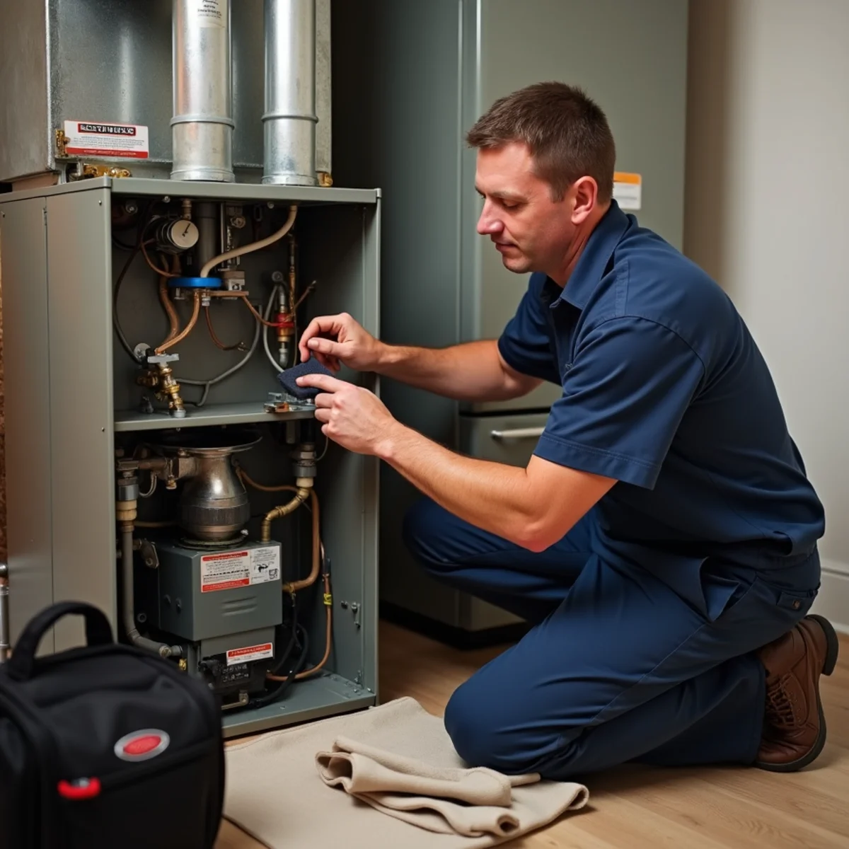 Fall furnace tune-up with technician cleaning the flame sensor in a Springboro, OH home
