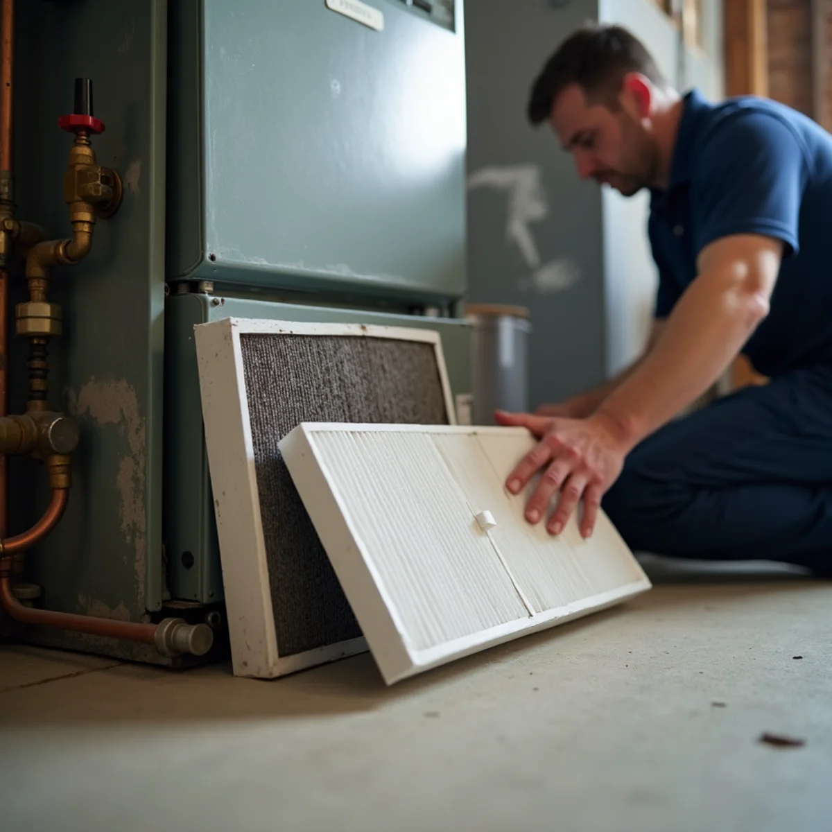 Dirty gray furnace filter beside a fresh replacement during a Dayton-area HVAC maintenance visit