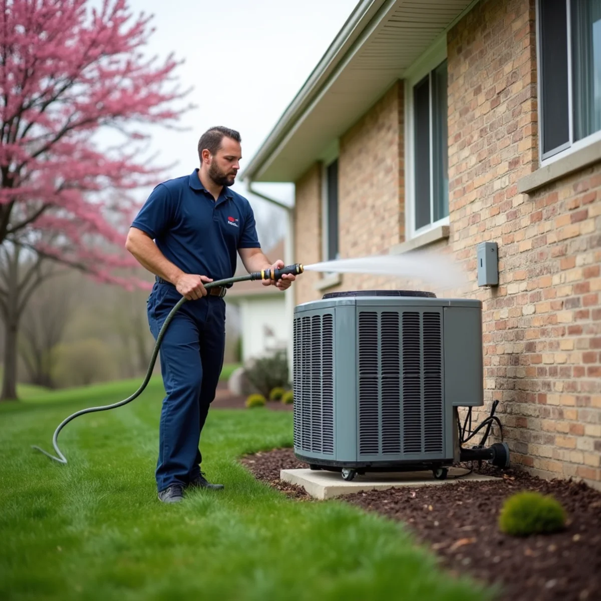 HVAC technician rinsing an outdoor condenser coil during a spring tune-up in Miamisburg, OH