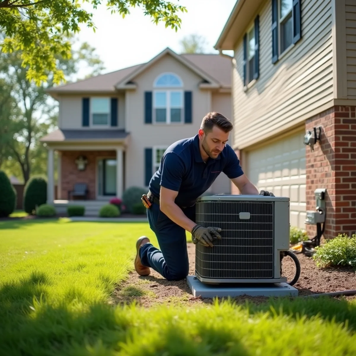 Technician installing a new air conditioner beside a 2000s two-story home in Beavercreek, OH