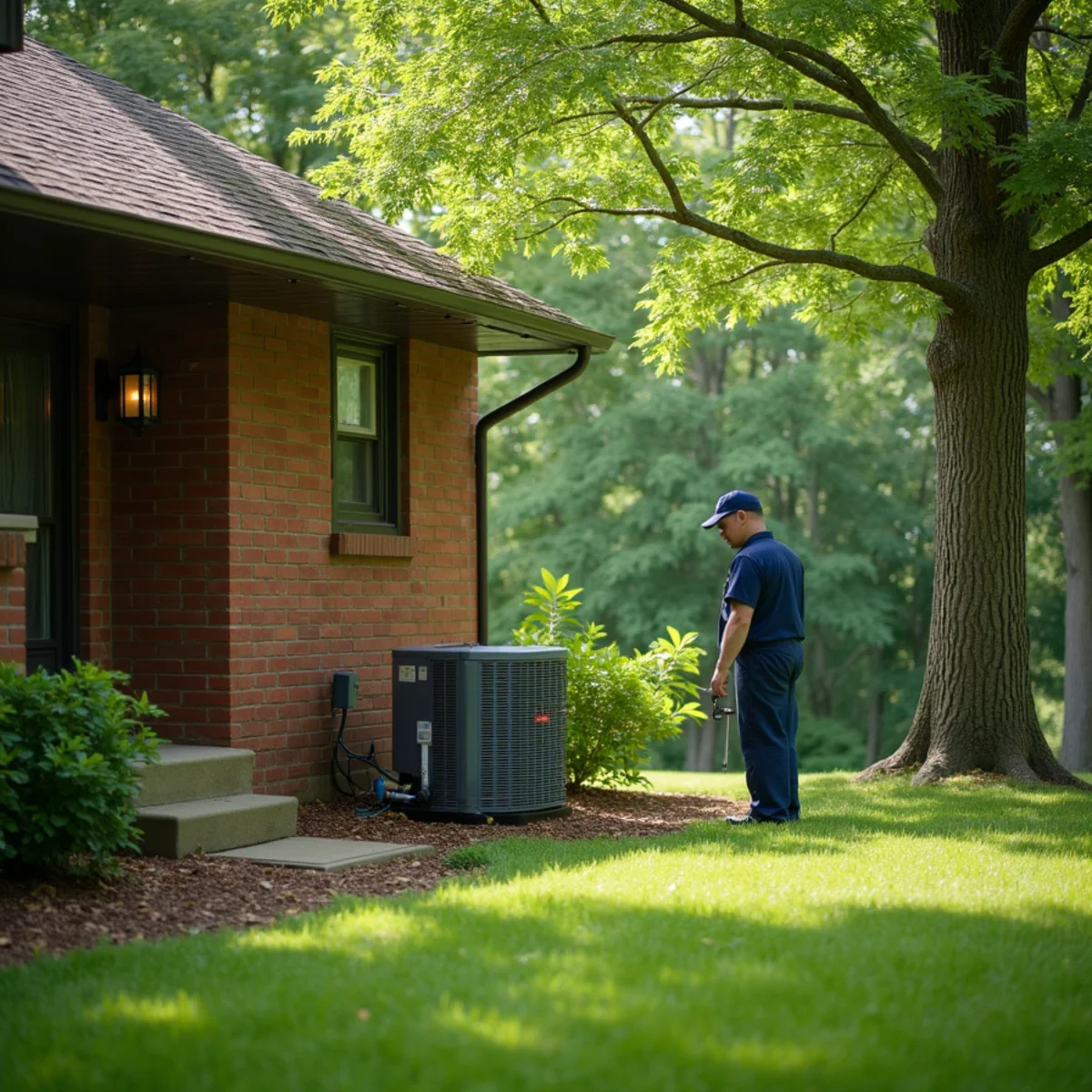 1980s ranch home under heavy tree cover with shaded AC condenser in Bellbrook, OH