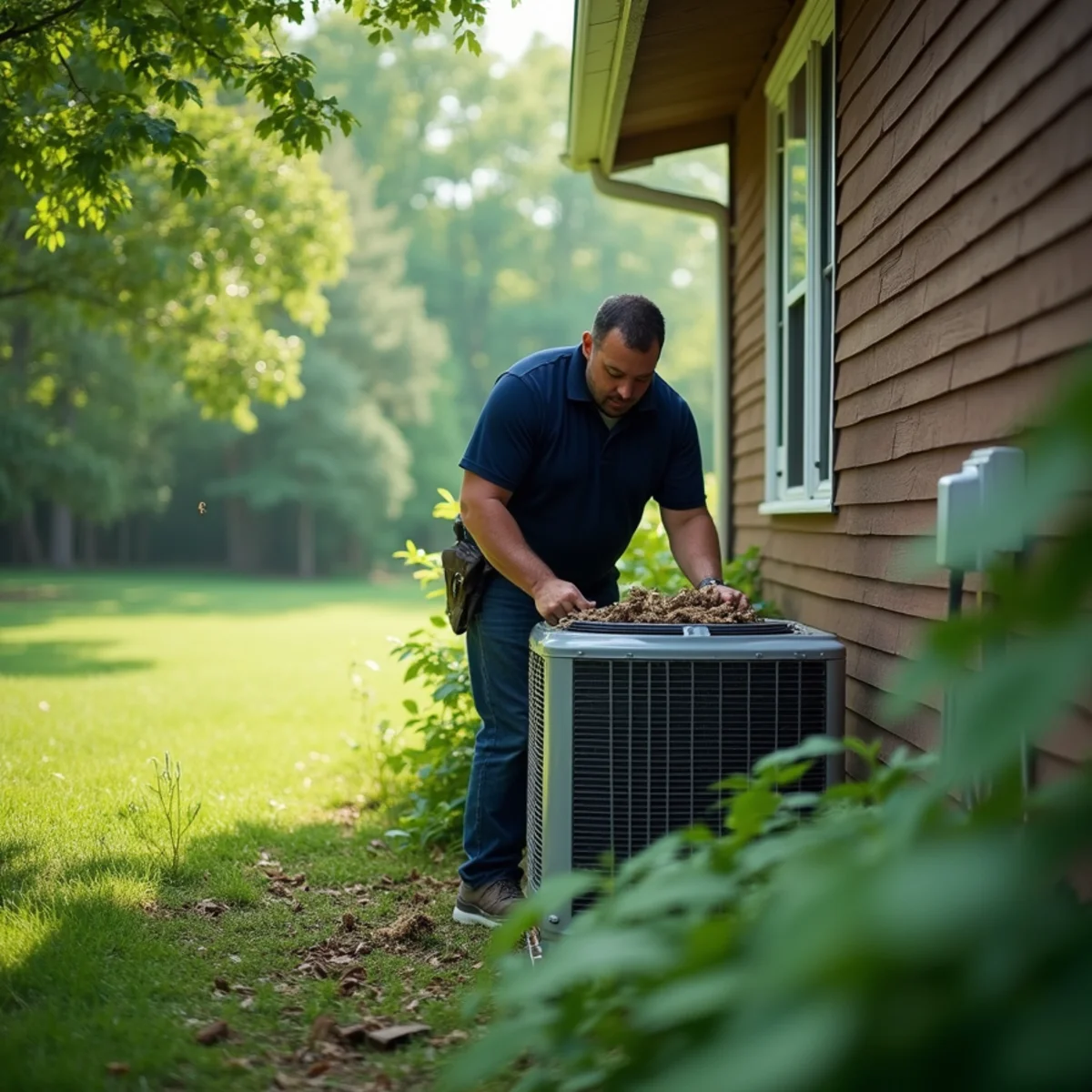 HVAC technician clearing leaves from an AC condenser at a wooded-lot home in Bellbrook, OH