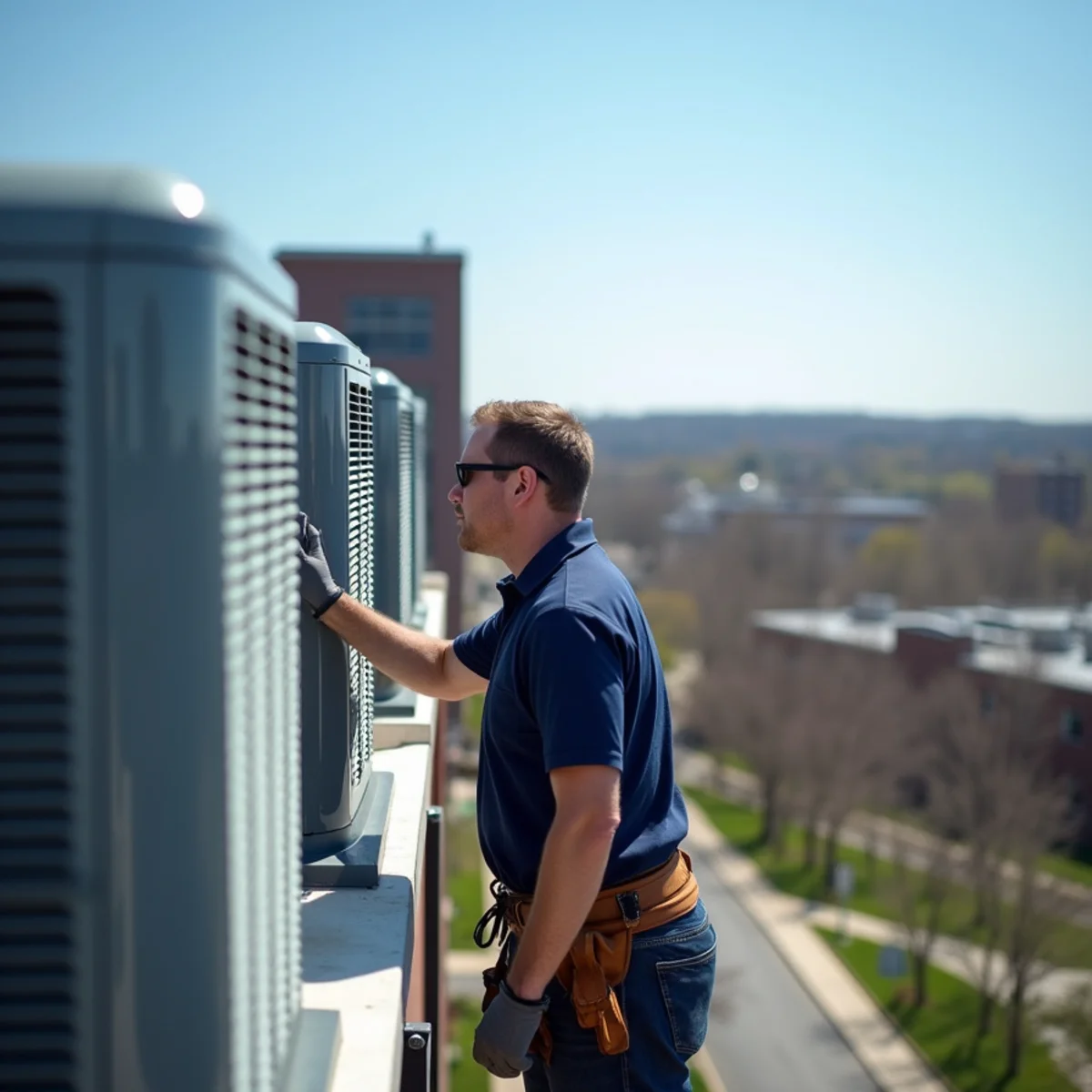 HVAC technician servicing rooftop units on an office building in Blue Ash, OH