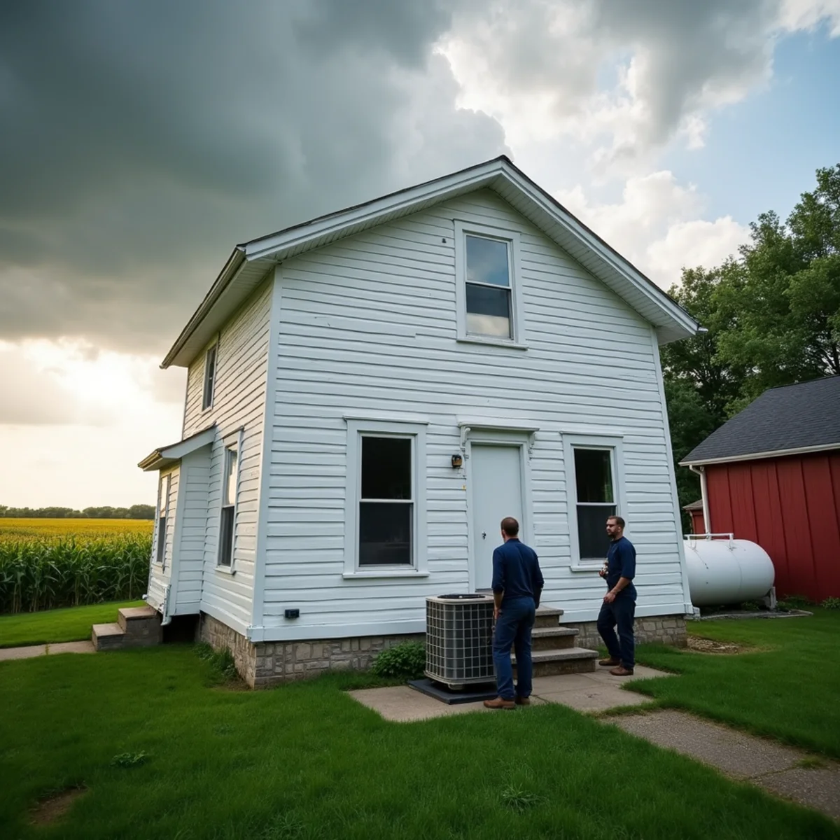 Farmhouse with heat pump and propane tank on rural land near Brookville, OH