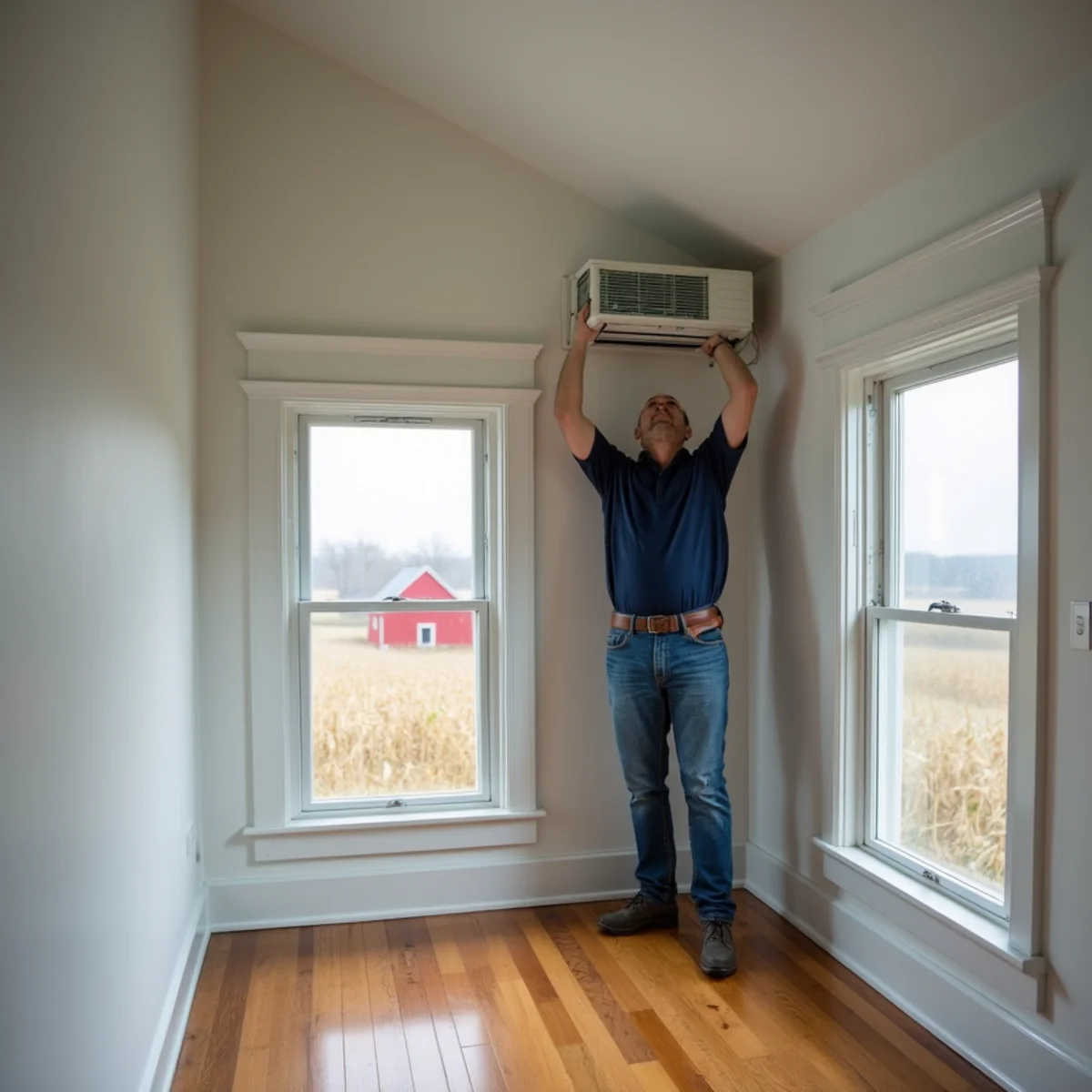 HVAC technician installing a ductless head in a converted upstairs room of a farmhouse near Brookville, OH