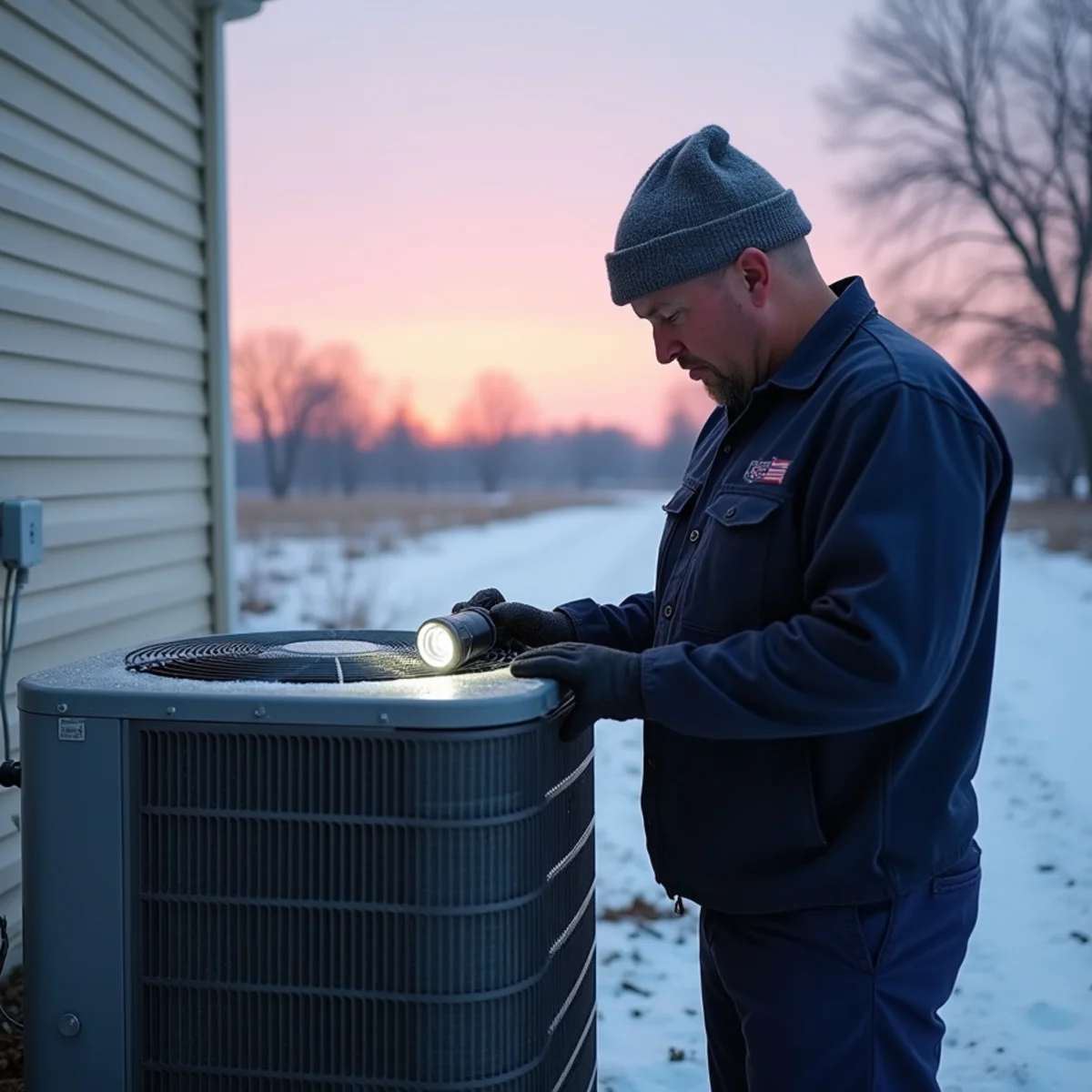 Technician inspecting a frosted heat pump outside a rural ranch home in Carlisle, OH