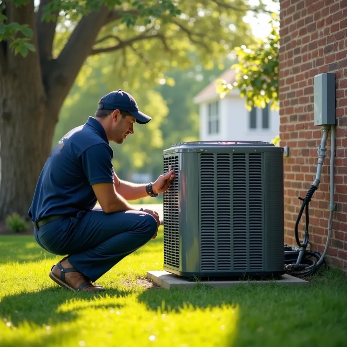 Technician servicing an air conditioner behind a 1980s colonial home in Centerville, OH