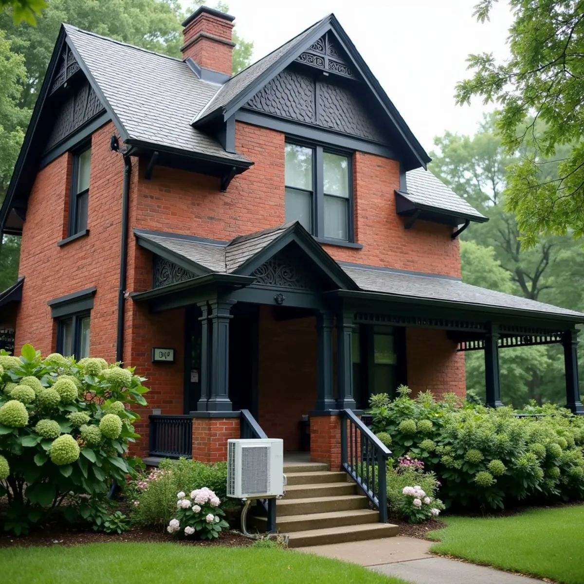 Early-1900s brick house with a ductless outdoor unit in Clark County, OH