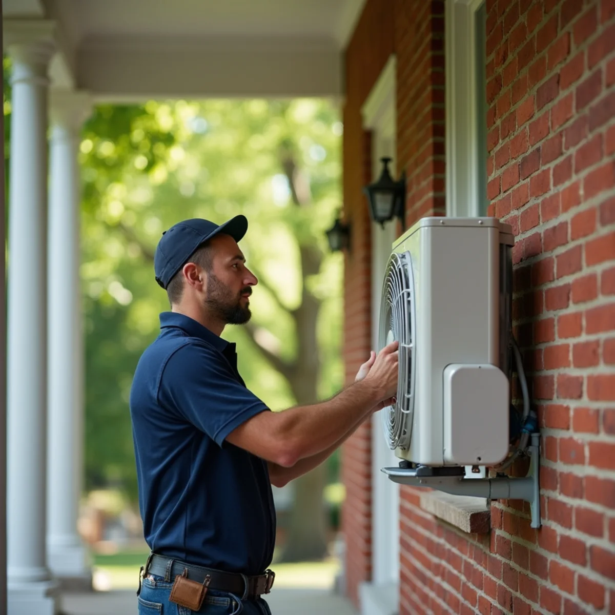 Technician installing a ductless mini-split condenser beside an early-1900s brick home in Clark County, OH