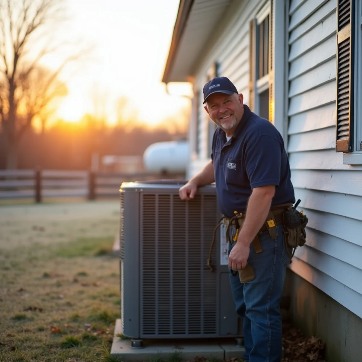 HVAC technician servicing a heat pump outside a country home on a large lot in Clayton, OH