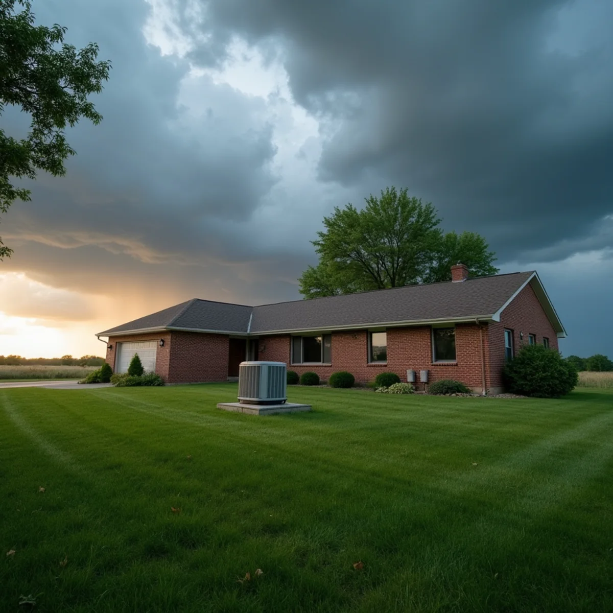 Rural Clinton County, OH ranch home with a condenser on open land after a storm