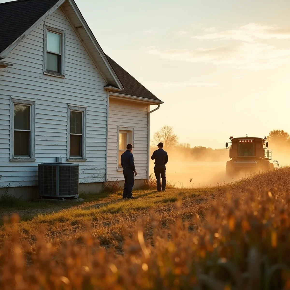 Darke County, OH farmhouse with heat pump during harvest season and dusty fields