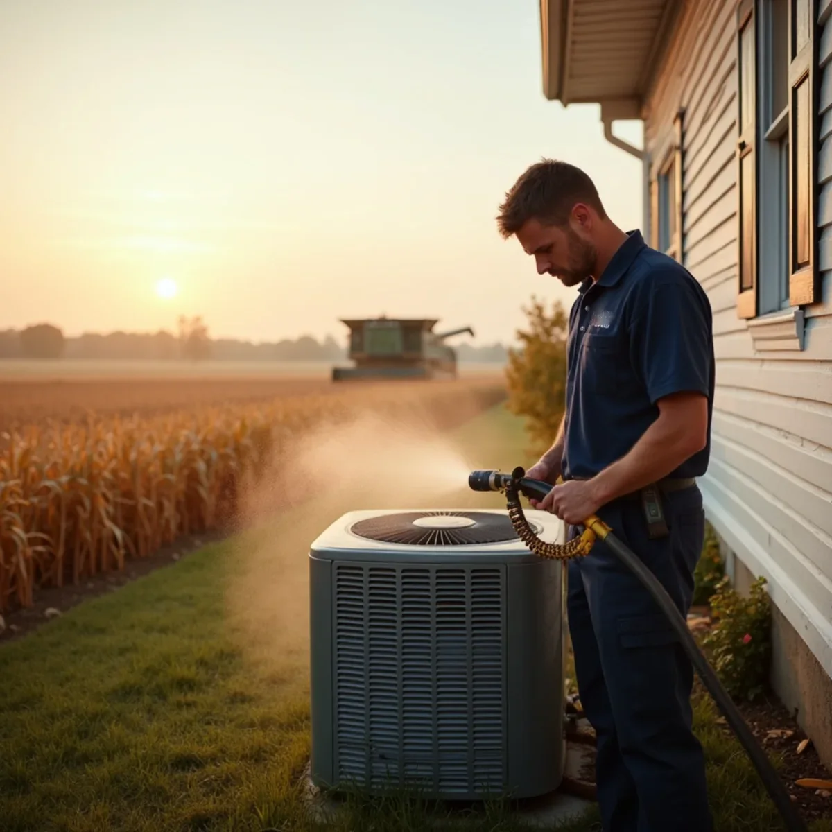 HVAC technician rinsing a dusty outdoor AC coil at a farmhouse in Darke County, OH during harvest