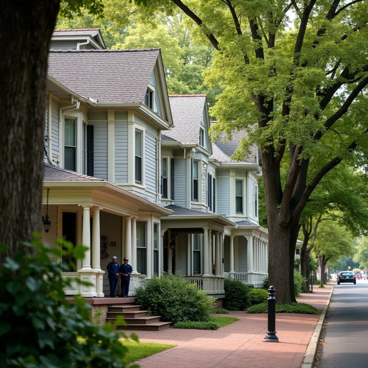 Late 1800s Victorian homes with tall third floors on a historic Dayton, OH street
