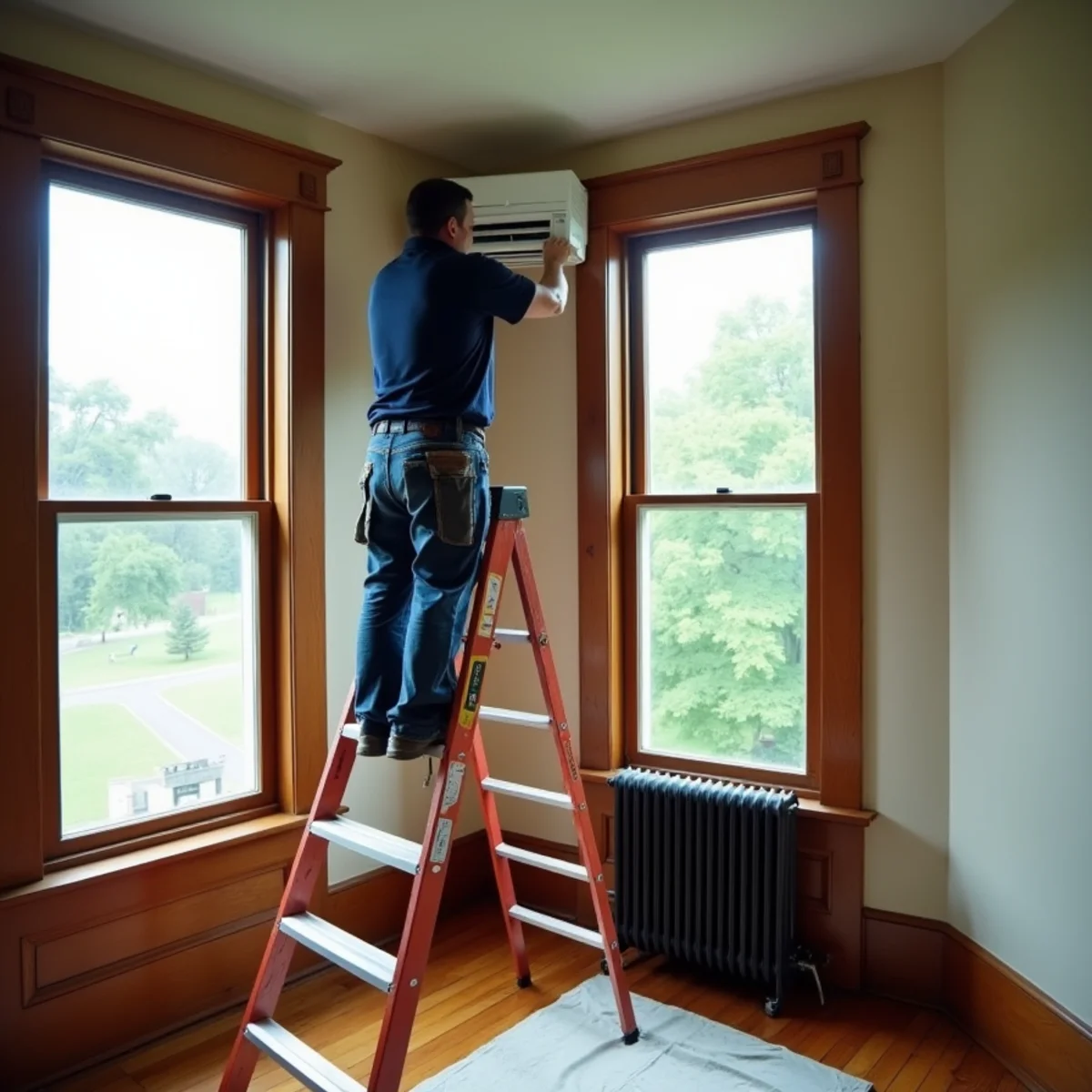 Technician installing a ductless mini-split head in a historic Dayton, OH Victorian home