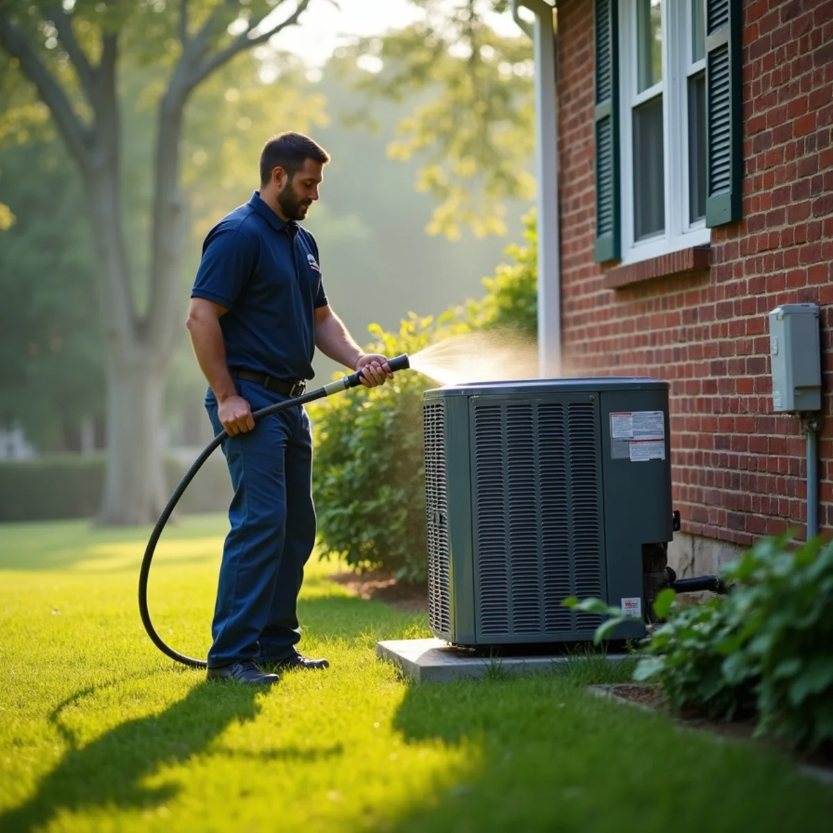 Technician cleaning an AC condenser coil outside a 1970s bi-level home in Englewood, OH