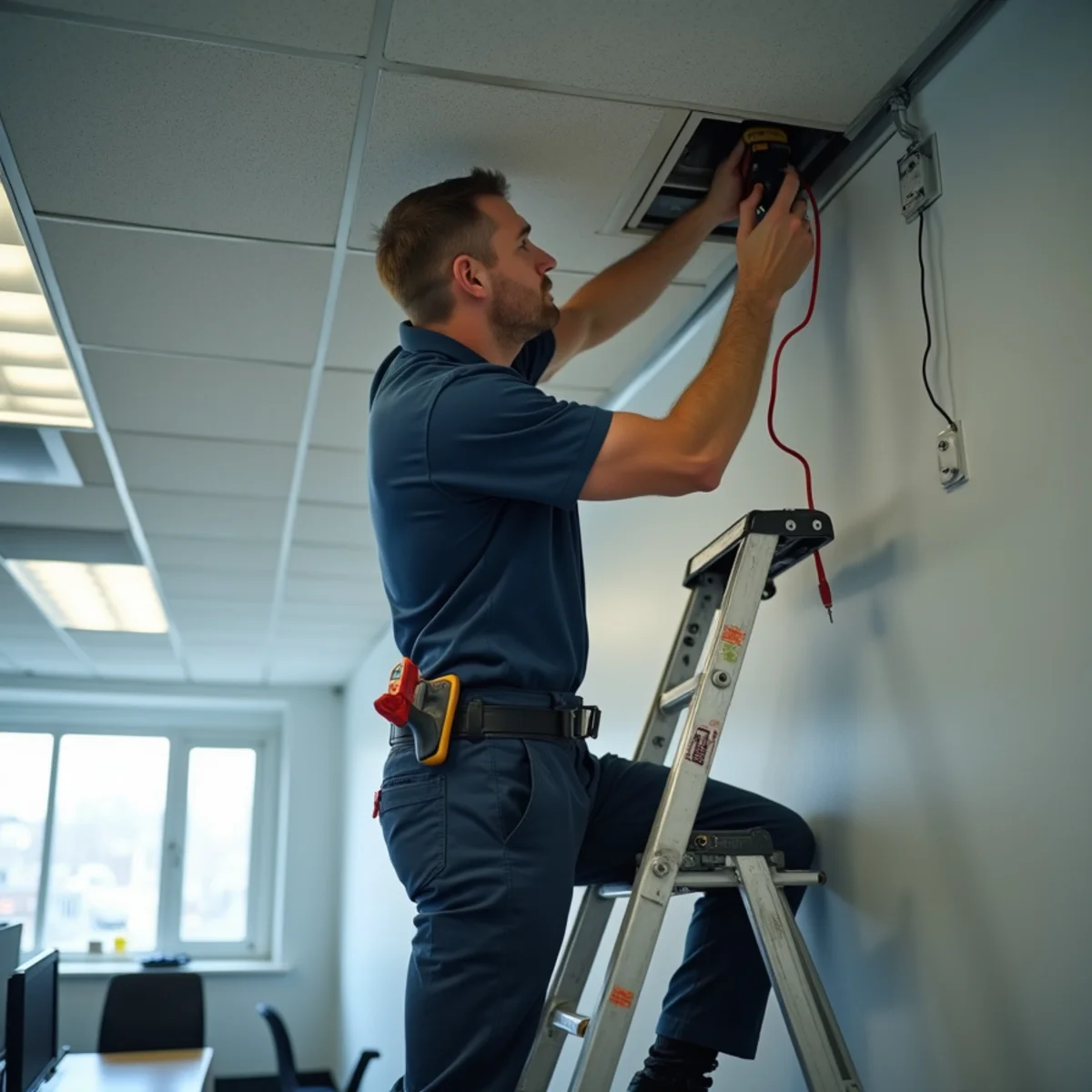 HVAC technician adjusting a VAV box above an office ceiling in Evendale, OH