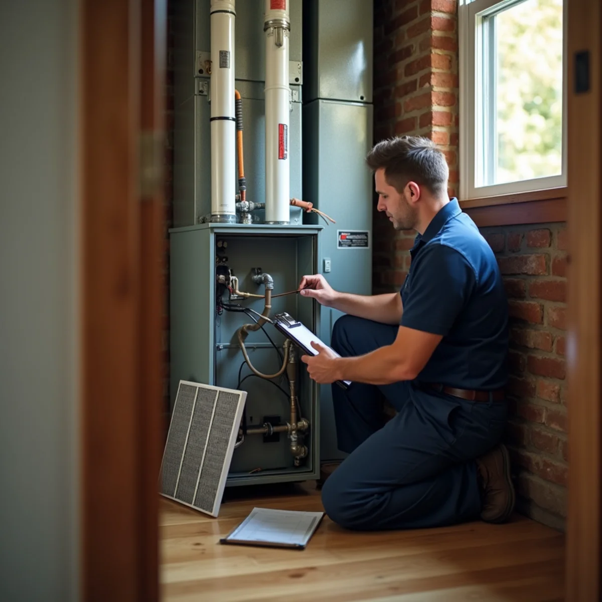 HVAC technician servicing a gas furnace in a 1950s brick ranch rental home in Fairborn, OH