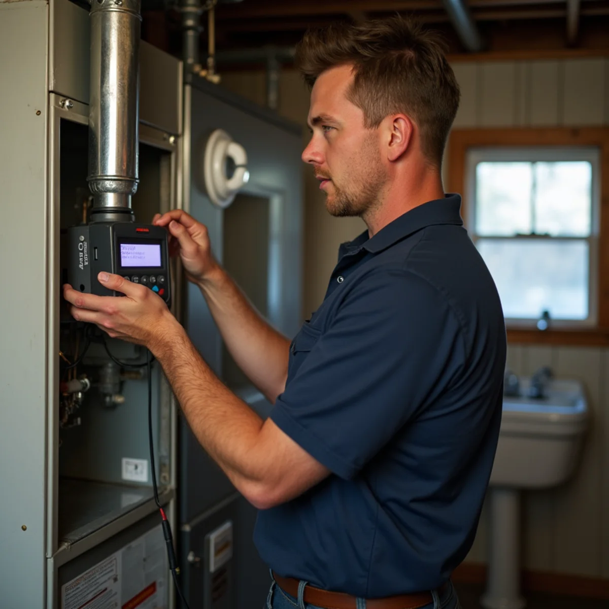 HVAC technician performing combustion analysis on a gas furnace in a Forest Park, OH bi-level home