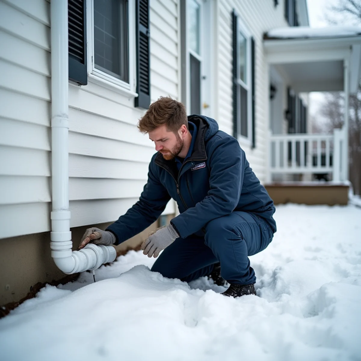 HVAC technician clearing an iced furnace vent outside an older home in Franklin, OH