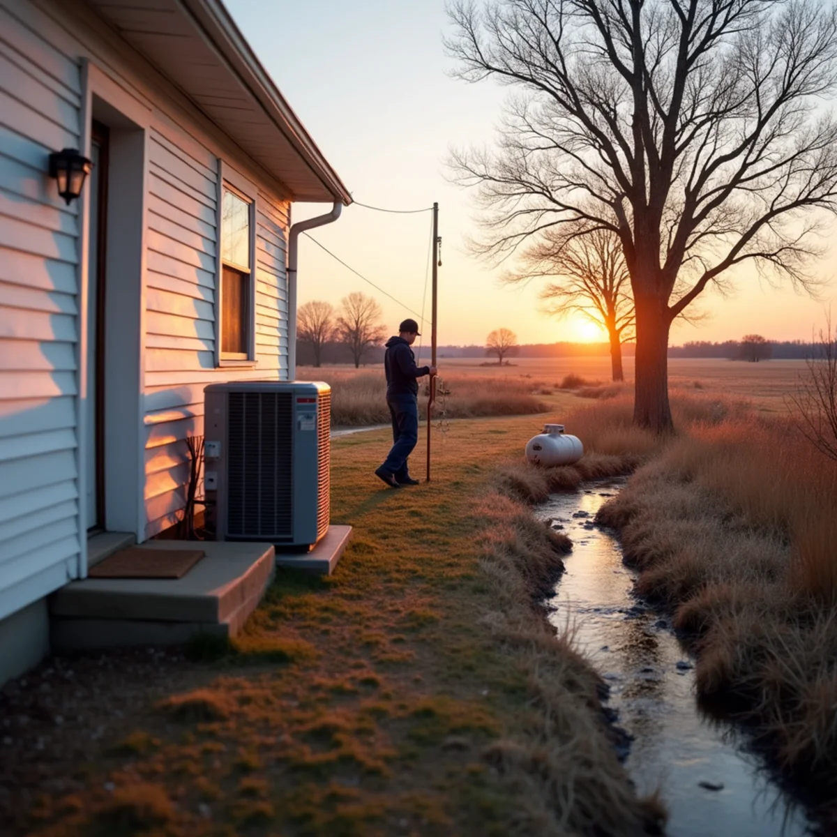 Rural farmhouse with heat pump and propane tank in the countryside of Greene County, OH