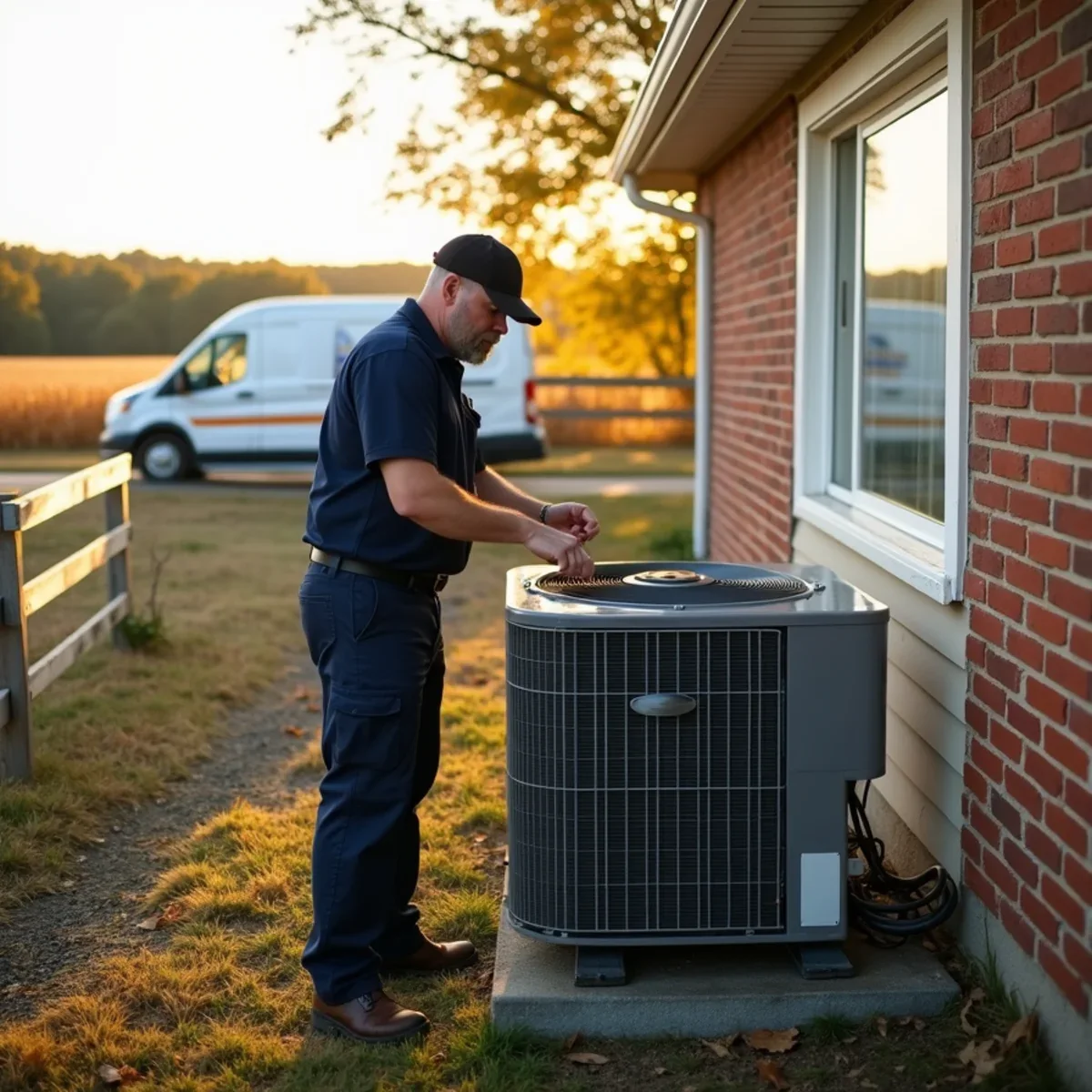 HVAC technician servicing a heat pump at a rural home in Greene County, OH