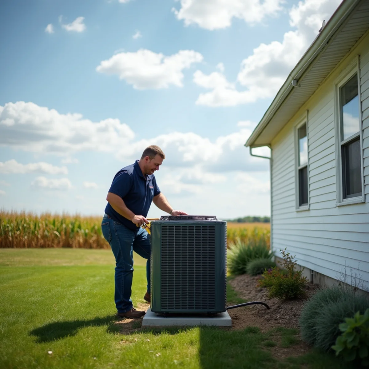 Technician installing a heat pump outside a farmhouse near Greenville, OH
