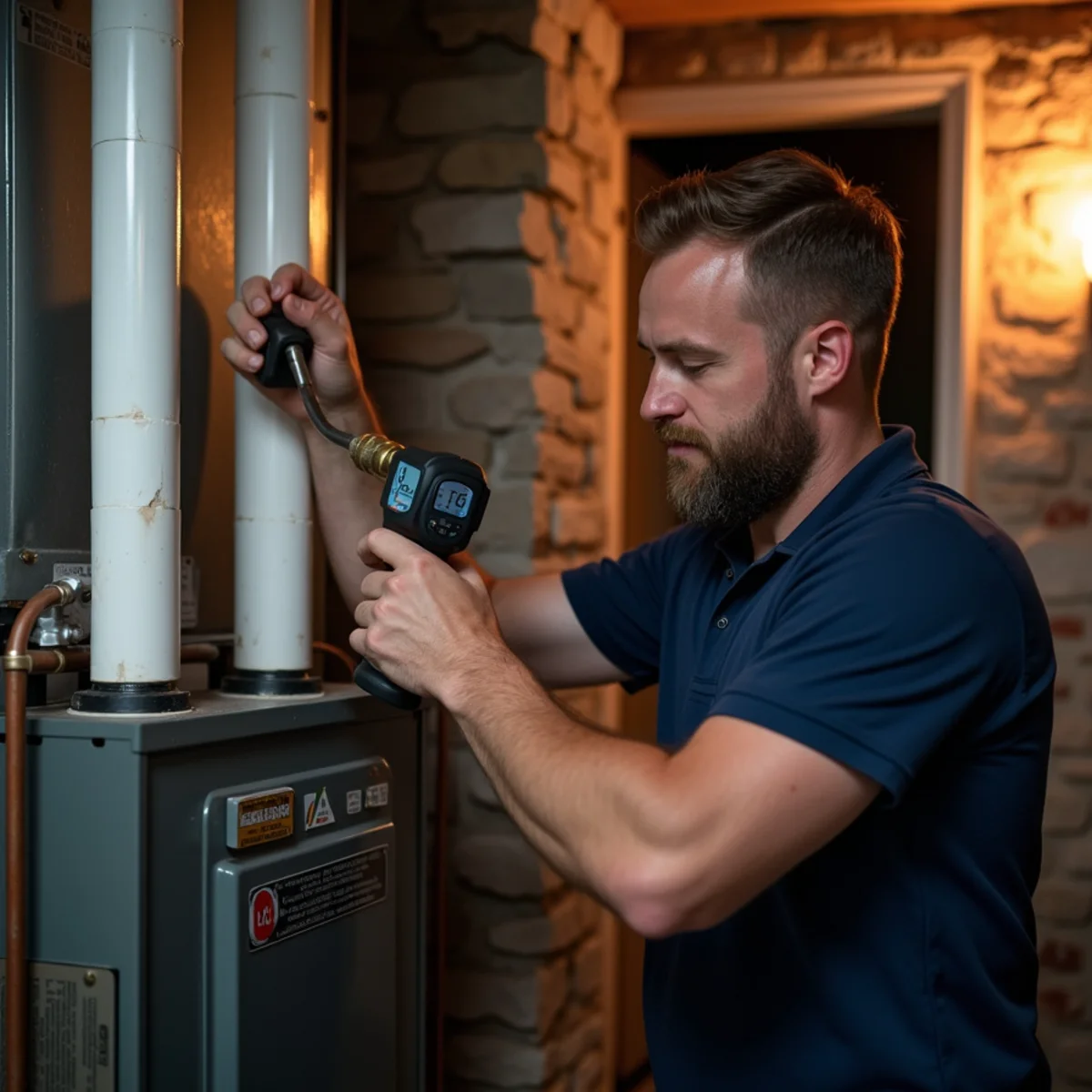 HVAC technician inspecting a furnace in the basement of a historic brick home in Hamilton, OH
