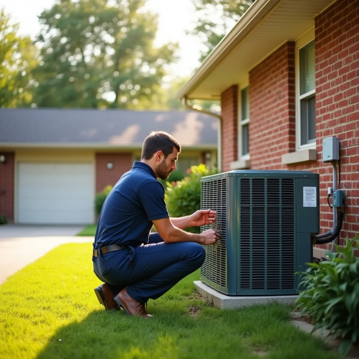 Technician servicing an air conditioner beside a 1960s brick ranch house in Huber Heights, OH