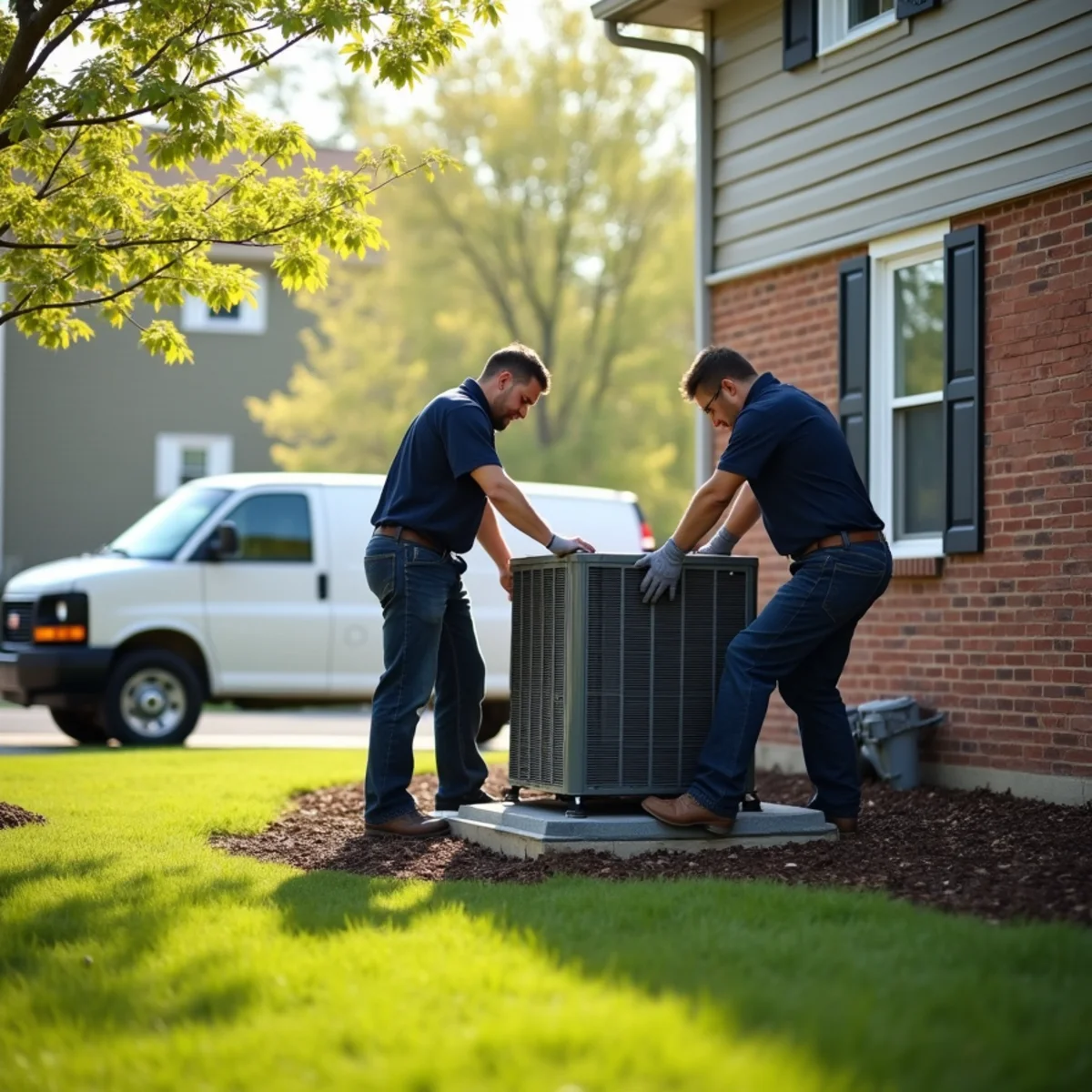 New outdoor AC condenser being set beside a 1980s two-story home in Landen, OH
